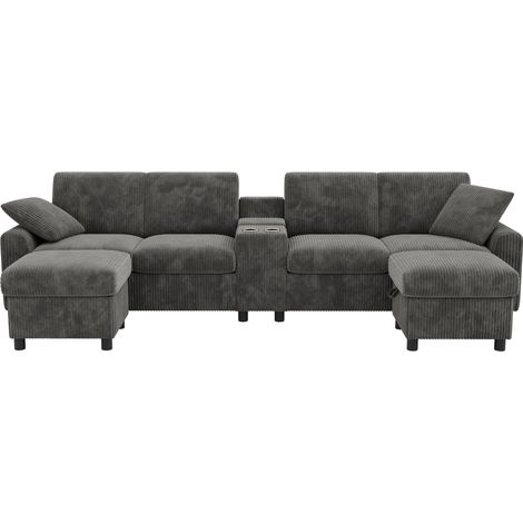 U-förmiges Sofa aus Corduroy, inklusive 2 Fußhockern mit Staufunktion, Couchtisch, 2 Getränkehaltern, 1 USB-Anschluss, 2 Steckdosen und 2 Type-C-Anschlüssen grau(B315×H81×T135cm) (1/5)