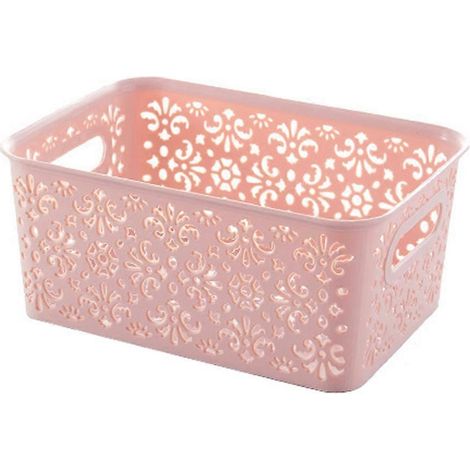 Boîte de rangement empilable en plastique ajouré, motif rétro délicat, panier de rangement avec couvercle pour vêtements, cosmétiques, papiers et jouets - Petite taille (rose)-24.00X17.00X10.50CM-Pink
