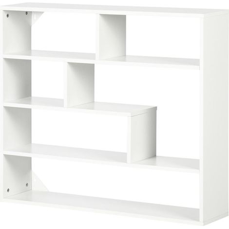 Gain de Place au Sol et Rangement Vertical Bibliothèque Murale 4 Niveaux 7 Compartiments en Bois 94x19.5x80 cm Blanc (1/5)