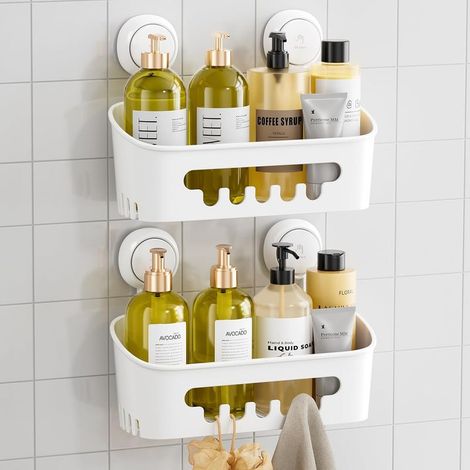 Lot de 2 paniers de douche à ventouse, organiseur de salle de bain robuste, étagères amovibles pour douche intérieure, shampoing, plastique étanche à ventouse, blanc
