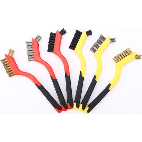 Sollbry 6 cepillos de alambre de latón, acero inoxidable y nailon para limpiar óxido. Cepillo de alambre pequeño con mango curvo. Cepillo de alambre para limpiar escoria de soldadura. (1/4)