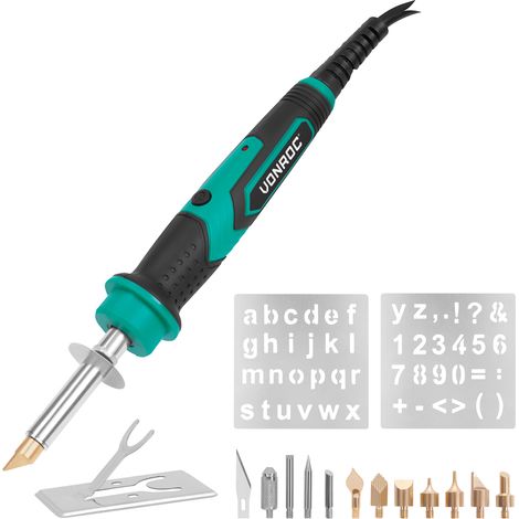VONROC Brandmalkolben – Lötkolben – 30W – Brandmalerei-Set – 8 Brandmalspitzen – 3 Lötspitzen – 2 Schablonen