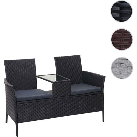Banc avec table en polyrotin HWC-E24, banquette de jardin, ensemble,132cm - noir, coussin terre cuite