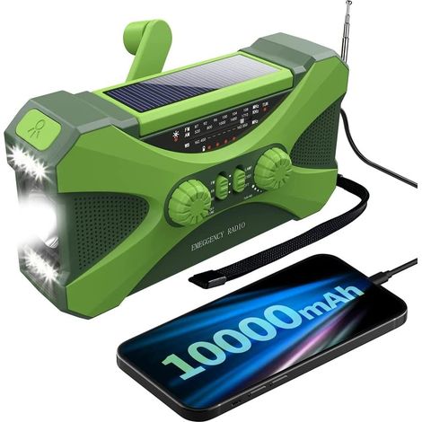 Radio d'urgence avec batterie de 10 000 mAh, alimentée par énergie solaire, portable avec chargeur de téléphone portable et lampe torche LED verte. (1/5)