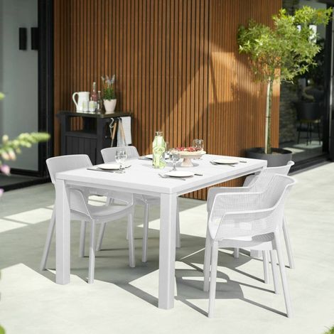 Dmora - Gartentisch Listowel, Picknickbasis, Garten-Esstisch, Mehrzweck-Außenbank, 147x90 h75 cm, Weiß (1/5)