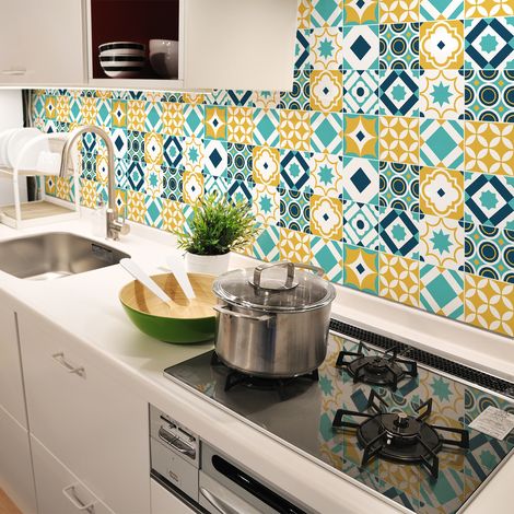 Sticker Mural Carrelage adhésif Cuisine Salle de Bain - 30 STICKERS CARREAUX DE CIMENT AZULEJOS ISODORA - 30stickers20x20cm (1/5)
