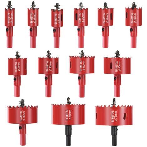 Scie Cloche Bi-métal, Coffret de Trépan 13 PCS (avec 13 Mandrins, Clé Hexagonale et ressorts) Lame de Scie Ø18-75mm pour Percer Plastique, PVC, Bois, Panneaux Fibres, Métal Souple (1/5)