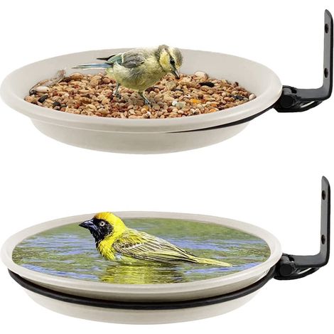 Mangeoire et Bain d'Oiseaux Suspendu Pliable à 90° Plateau de Nourriture et Abreuvoir pour Oiseaux de Jardin Fixation Murale en Métal Diamètre 21cm (1/5)