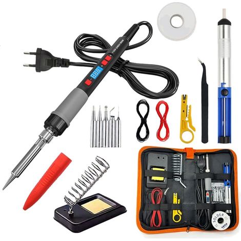 90-W-Lötkolben-Set mit Digitalanzeige, einstellbarer Temperatur von 180 bis 500 °C, 5 Lötspitzen, Entlötpumpe, Pinzette, EU-Stecker (1/5)