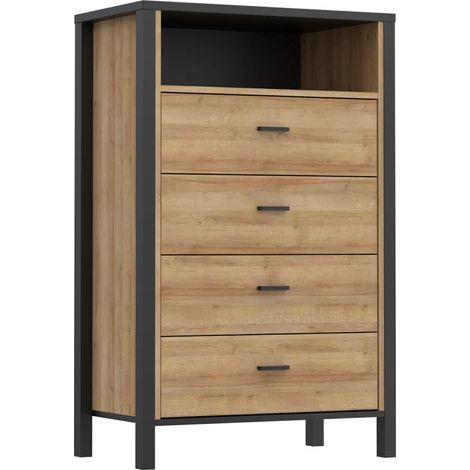 Chiffonnier 4 tiroirs 1 niche décor noir et bois chêne - MODE (1/5)