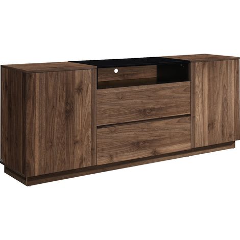 Credenza con 2 ante, 2 cassetti e 1 nicchia Marrone scuro naturale e Nero - CEMILINA (1/2)