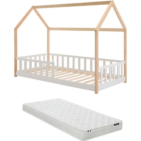 Lit cabane 90 x 190 cm - Pin - Coloris : Naturel et blanc + Matelas - MARTEVI (1/5)