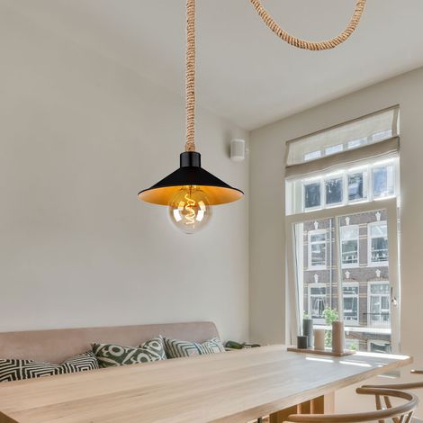 Seillampe Pendellampe Hanfseil gold schwarz E27 Vintage Wohnzimmer Pendelleuchte verstellbar, Hanfseil Metall, 1x E27 Fassung, DxH 22x120 cm