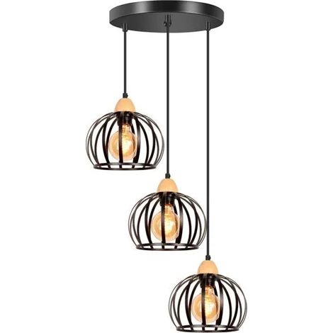 Lustre Suspension Vintage - - 3 Lampes - Métal et Bois - Noir - E27 (1/5)