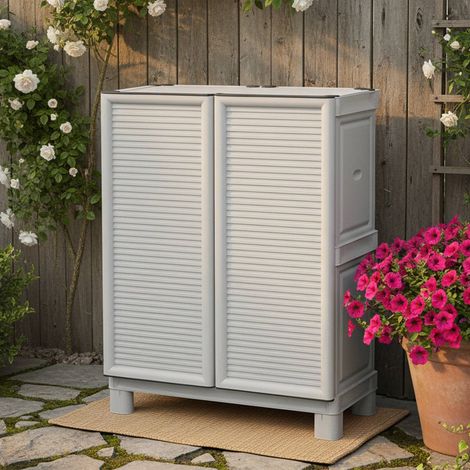 Dmora Mehrzweckschrank für den Außen und Innenbereich, niedriger Kleiderschrank mit 2 Türen und 1 Polypropylen Regal, 100% Made in Italy, 70x39h92 cm, hellgraue Farbe