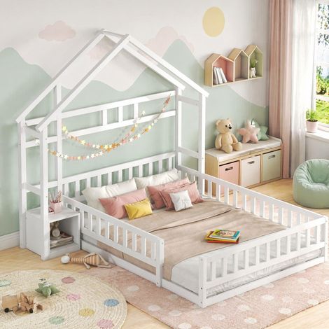 Kinderbett Hausbett mit Geländer 140x200 Weiß OKMYHOME (1/5)