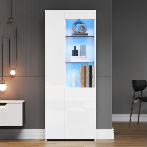 Vetrina 70x35x180 cm, con LED controllate da app, 2 cassetti, scomparti in vetro, bianco lucido, truciolato (1/5)