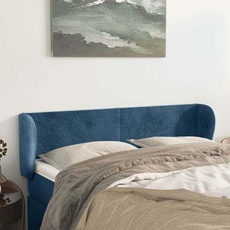Tête de lit avec oreilles pour lit double, Tableau décoratif de chevet élégante Bleu foncé 147x23x78/88 cm Velours SDG70558 (1/5)
