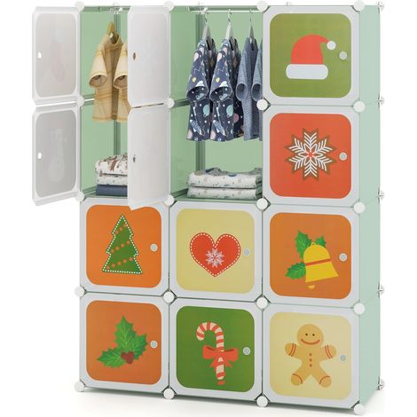 COSTWAY Portable Kids Wardrobe Bedroom 12-Cube Baby Closet-Green (1/5)