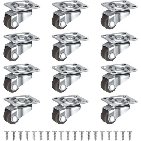 Lot de 12 petites roulettes pivotantes 360°, silencieuses, de 12 mm, avec vis, pour meubles, table, cabinet, chariot, marron (1/5)