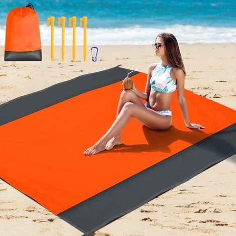 Couverture de plage - 200 x 210 cm - Orange et gris - Couverture de plage anti-sable - Couverture de camping pliable (1/5)