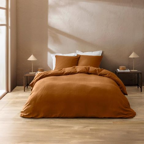 Parure de Lit 100% Coton – Housse de Couette et Taie d’Oreiller – Fermeture Pressions Discrètes – CLARA – Certifiée Oeko-TEX - 240x220cm - marron
