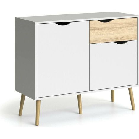 Dmora Credenza a due ante e un cassetto, colore bianco e rovere, Misure 98 x 81 x 39 cm, con imballo rinforzato (1/5)