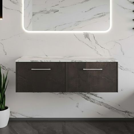 Hudson Reed Juno Wall Hung 2-Drawer Vanity Unit with Carrera Marble Worktop 1200mm Wide - Metallic Slate (1/4)