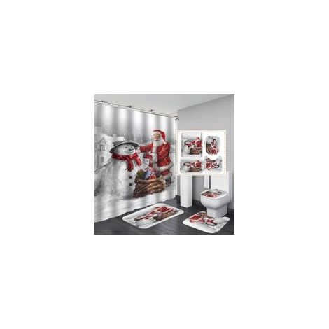Ensemble de salle de bain de Noël, 4 pièces : rideau de douche imperméable à motif Père Noël, abattant de toilette, tapis antidérapant, tapis de sol