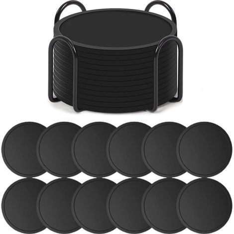 Dessous de verre ronds en silicone avec support, antidérapants et résistants à la chaleur, noirs, lot de 12 (1/5)
