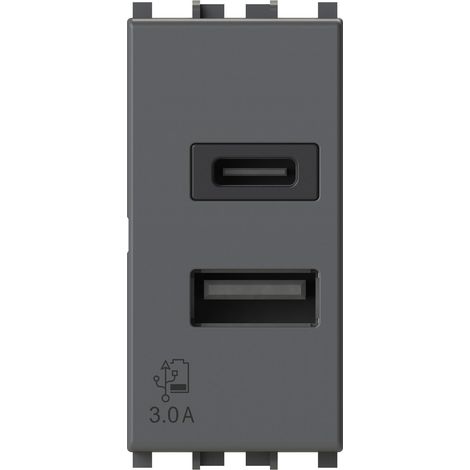 Modulo doppia presa USB 2.0 tipo A e USB 3.1 tipo C, 5Vdc 3A, serie U, grigio, compatibile con serie Vimar Arkè - 4Box USB CA 20W 4B.V19.USB.30 (1/4)