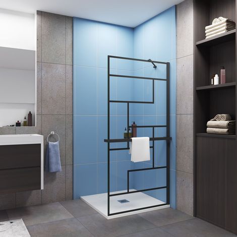 Paroi de douche à l'italienne sérigraphie brique 90x200cm installé avec une de barre de fixation d’angle de 45cm,livré avec étagère de douche noir