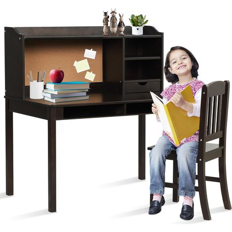 COSTWAY Set Scrivania e Sedia per Bambini 5-12 Anni, Tavolo in Materiale Sicuro con Bacheca in Sughero, 2 Cassetti e Spazio Ampio, Design Moderno, Ideale per Studio e Disegno (Nero) (1/5)