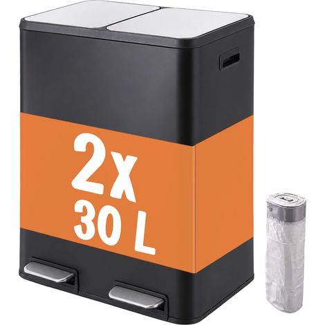 Relaxdays Mülleimer, 2 Fächer, 2x30 l, entnehmbare Inneneimer, Softclose, Fußpedal, Edelstahl, Treteimer Küche, schwarz (1/5)