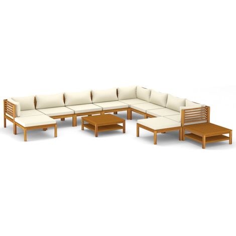 Salon de jardin 12 pcs avec coussin crème Bois d'acacia solide (1/5)