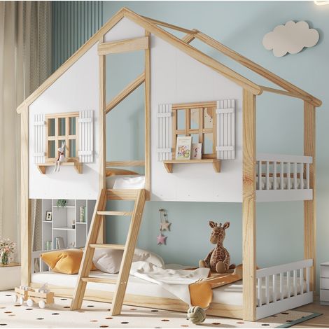 Etagenbett Kinder im Hausbett-Stil 90x200 cm, Massivholz und MDF in Weiß/Natur, mit Dach, Fenstern, Schrägleiter und Lattenrosten (1/5)
