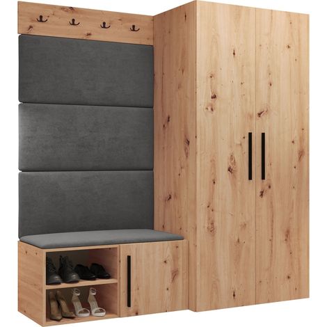 Mobilier1 – Meuble d'entrée Hartford 526 – Chêne artisan – Dimensions 191x164x50cm – Tissu et stratifié – Murale ou à poser