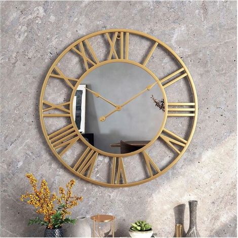 Horloge murale ronde avec miroir 40 cm, cadre et aiguilles dorés, décoration murale silencieuse pour salon chambre bureau (1/3)