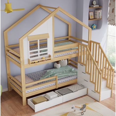 MEUBLIV Etagenbett 90x200 cm weiß/natur – mit Stauraumtreppe, ohne Matratze (1/5)