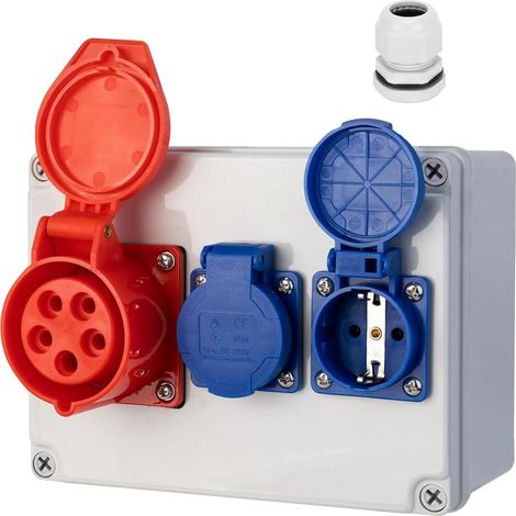 Coffret de Chantier Mural IP66 – 2 Prises Schuko 230V 16A + 1 Prise CEE 16A – Boîtier de Distribution Électrique Précâblé 2,5mm² – Idéal pour Atelier, Garage, Chantier, Extérieur (1/5)