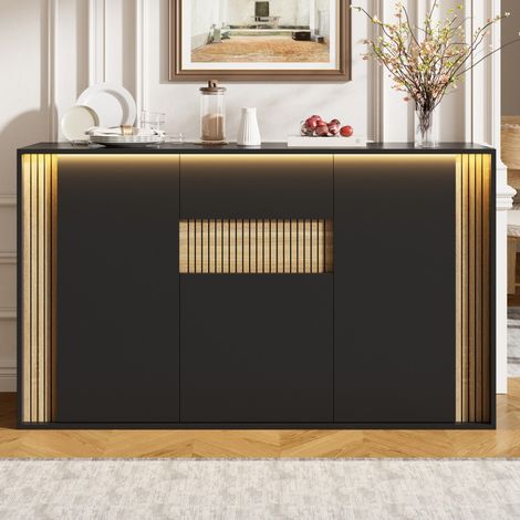 Buffet commode noir veinage bois naturel 140×40×82 cm, 3 portes 1 tiroir, éclairage LED réglable, meuble de rangement pour intérieur (1/5)