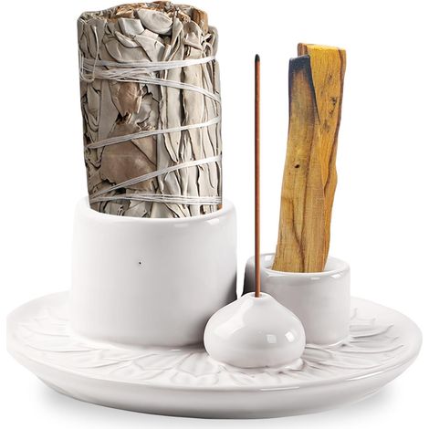 4-in-1 Räuchergefäß aus glatter Keramik, Räucherbrenner für Meditation und Yoga, Ascheauffangschale für Tropfen, Palo Santo (1/5)