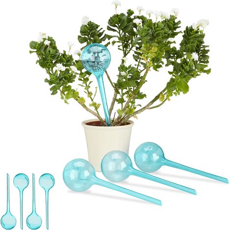 Set of 8 Relaxdays Watering Globes, Regulated Irrigation, 2 Weeks, Pot Plants, Plastic Sphere, Bulb, Light-blue