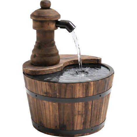 Gartenbrunnen aus Holz mit Wasserfall, elektrischer Pumpe und verstellbarem Wasserauslass, 27 x 27 x 37 cm, Naturholz