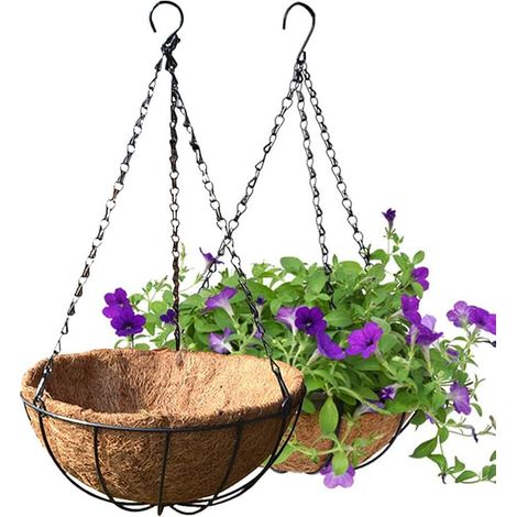 2 Hanging Baskets for Plants 25 cm Outdoor Flower Pots with Coconut Fibre Lining Round Metal Wire Plant Holder with Chain Metal Hanging Baskets (1/5)