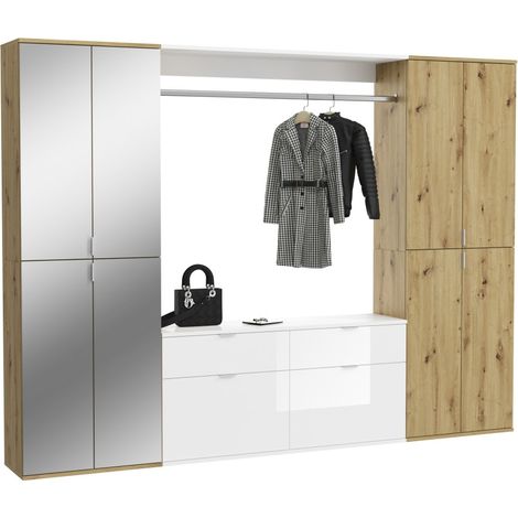 Armario de almacenamiento 8 puertas, 4 espejos, 4 cajones y un armario ropero – Blanco y roble – BODITE