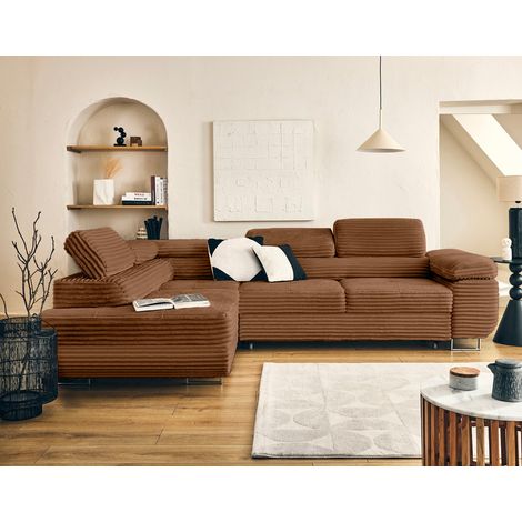 Zaria - ecksofa links 5-sitzer schlaffunktion und bettkasten und kopfstützen großer geripptem cord - rostfarben