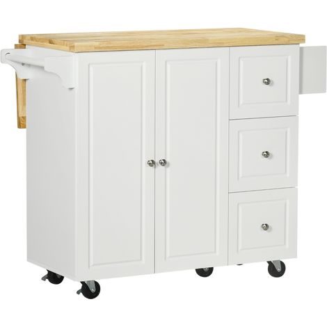 Kitchen Island on Wheels, Rolling Kitchen Storage Trolley with Drop Leaf, Drawers, Towel and Spice Rack, White