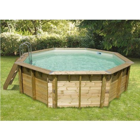 Ubbink – Piscine hors sol octogonale en bois 5,80 x 1,30 m – Liner beige – Échelle incluse – Filtration à sable 9 m³/h – Volume 23,8 m³ (1/5)