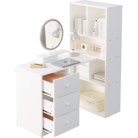 Eckschreibtisch mit 3 Schubladen und 4 Regalfächern, Schreibtisch mit Stauraum für Arbeitszimmer, Holz, Weiß